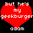 Two identical red heart-shaped icons with white pixelated text reading 'but he's my geekburger' and 'adam' on a black background.