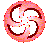 Five circular red and white spiral icons arranged in two on a gray background, each with a distinct rotation of the spiral pattern