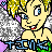 Pixelated cartoon character with yellow hair and blue eyes in a contact sheet showing two animation frames, each with visible text at the bottom.