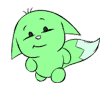 Green cartoon creature with large ears and a bushy tail in multiple poses showing facial expressions from smiling to neutral.