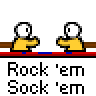 Animated contact sheet of 14 frames showing yellow stick figures performing various actions on a brown platform with repeated text "Rock 'em Sock 'em" below each frame.