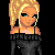 Pixel art contact sheet showing three frames of an animated buddy icon with a blonde woman, partial body view, and text elements.