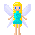 Pixel art angel with blonde hair, blue eyes, and white wings in a turquoise dress standing against gray background.