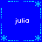 Blue background with cyan pixelated border elements and four instances of the text 'julia' in white lowercase letters.