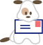 Pixelated cartoon dog holding a blue-and-white envelope with red stamp, shown in two animation frames where the tail changes position.