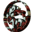 Circular icon with red, white, and black patterned dragon silhouette inside a circular border on gray background.