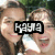 Two people in a selfie pose with green foliage background, text overlays change across six showing names and symbols