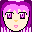 Pixel art avatar with purple hair showing three facial expressions: neutral, squinting, and smiling, all with purple eyes and pink lips.