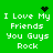 Green background with white pixelated text reading "I Love My Friends You Guys Rock" and three black pixel art symbols.