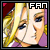 Pixelated close-up of a character with blonde hair and blue eyes, wearing purple clothing, with 'FAN' text in the top-right corner.