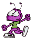 Purple cartoon character with antennae, green shirt, purple pants, and white sneakers in four distinct poses against gray background.