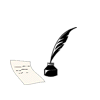 A static icon shows a quill pen resting in an inkwell beside a sheet of paper with faint text, set against a solid gray background.