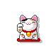 Pixel art Maneki-neko cat icon with four animation frames showing paw movement and hand prop changes on a red base.
