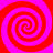 Four red and magenta spiral patterns arranged in a on a solid background, each with alternating color bands forming continuous swirls