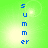 Pixelated blue text spelling 'summer' vertically on a green gradient background with light effects.