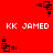 Red background with white text "KK JAMED" and black pixelated square patterns in four corners, showing animation changes in square positions across frames.