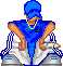 Pixelated character in blue headwrap and sleeveless top sits on checkered bench, holding smoking object with visible smoke trails.