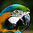 Pixelated 48x48 static icon showing a stylized bird with multicolored wing and tail feathers against dark background, featuring white body, black accents, and rainbow gradient colors.