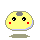 Yellow rounded character with gray top spot, red cheeks, and black eyes in four pixelated poses showing head rotation and eye movement.