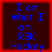 Blue pixelated text on dark background with red border, displaying "I am what I am. RBK Hockey" in four identical