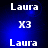 Blue background with white text 'Laura' and 'X3' arranged in a pattern, showing pixelated transitions between frames