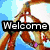 Pixelated image with 'Welcome' text over a character holding a sword, a heart drawing, and a cartoon figure with 'mii' text.
