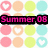 pastel-colored circular icons with heart symbols, overlaid by a black banner reading 'Summer 08' in pink text