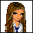 Pixel art contact sheet showing a female character with long brown hair and blue eyes in the top-left frame, with a name label "Rachel" on a purple background below it.