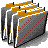Pixelated stack of overlapping folders with green, orange, white, and gray patterns and red square accents on a gray background.