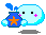 Pixelated character with light blue body holds a dark blue jar with orange star, then yellow star; pink cheek mark and black eyes visible.