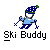 Pixel art of a snowman skiing with blue outfit and hat, holding ski poles against gray background with white dots.