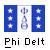 Blue and white pixelated icon with three stars on each side of a central Phi Delta symbol, labeled 'Phi Delt' below.