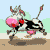 Pixelated cow with black-and-white patches, pink nose, red bow, and brown horns stands on brown ground against light blue sky and green hills.