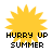 Four identical pixelated yellow sun icons with black text 'HURRY UP SUMMER' beneath each, arranged in a on white background