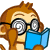 Brown monkey with black-rimmed glasses reading a blue book, holding the book with both hands, eyes closed, static pose across all frames.