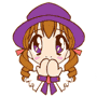 Pixelated chibi character with brown braided hair, purple hat, and white collar; left pose shows hands clasped near mouth, right pose shows winking eye with pink hearts.