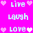 Pixelated text and heart symbols on a bright pink background with light blue lettering.