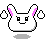 Pixelated white bunny head with pink inner ears, black eyes and mouth, surrounded by floating white paw prints on gray background.