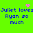 Bright green background with blue pixelated text reading "Juliet loves Ryan so much" repeated twice, pink heart and pink starburst symbols above text.