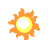 Pixelated sun icon with orange rays and yellow inner ring on white background.
