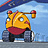 Pixelated character with yellow face, red mouth, and blue eyes holding a brown and red object against a blue sky background.