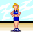 Pixelated animation of a blonde woman in blue athletic wear performing various poses against a light blue background with white streaks.