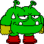 Green pixelated alien with yellow arms, red boots, and a single antenna on its head stands against gray background.