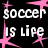 Black background with pink starbursts and repeated white text 'soccer soccer is life is life' in pixelated font.