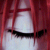 repeated anime-style eyes with red hair strands, showing sequential eye animation from closed to open and back to closed