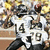 A football player in a white jersey with number 49 runs on a field, while text appears sequentially over the image.