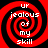 Four identical red and black spiral patterns with white text reading 'UR jealous of my skill' arranged in a on a solid red background