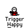 Animated contact sheet of a pixel art character in red and black with white face, performing various actions including shooting, walking, and speaking "PHEW..." across 15 frames on gray background.