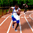 Animated contact sheet of a track and field runner in blue-and-white uniform sprinting on a brown running track with white lane lines, green foliage background, and other runners visible behind.