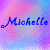 four identical showing a stylized name in blue script over a pink and purple gradient background with pixelated texture